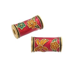 Copper Tube Beads Red Cloisonne 18K Gold Plated, approx 6-12mm, 2mm hole [FD12911]