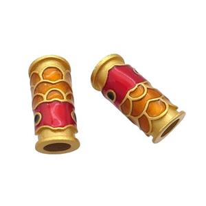 Copper Tube Beads Multicolor Cloisonne Fish Large Hole 18K Gold Plated, approx 7-16mm, 4mm hole [FD12921]