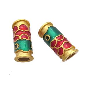 Copper Tube Beads Multicolor Cloisonne Fish Large Hole 18K Gold Plated, approx 7-16mm, 4mm hole [FD12922]