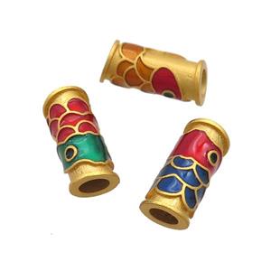 Copper Tube Beads Multicolor Cloisonne Fish Large Hole 18K Gold Plated Mixed, approx 7-16mm, 4mm hole [FD12923]