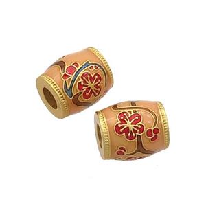 Copper Barrel Beads Peach Cloisonne Flower Large Hole 18K Gold Plated, approx 10-11mm, 4mm hole [FD12926]