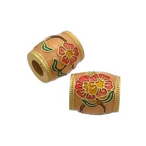 Copper Barrel Beads Peach Cloisonne Flower Large Hole 18K Gold Plated, approx 10-11mm, 4mm hole [FD12927]