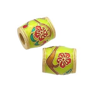 Copper Barrel Beads Olove Cloisonne Flower Large Hole 18K Gold Plated, approx 10-11mm, 4mm hole [FD12929]