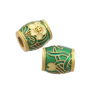 Copper Barrel Beads Green Cloisonne Flower Large Hole 18K Gold Plated, approx 10-11mm, 4mm hole [FD12932]