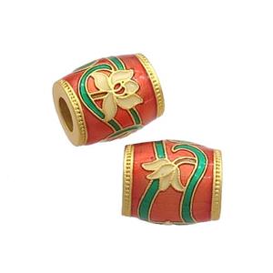 Copper Barrel Beads Red Cloisonne Flower Large Hole 18K Gold Plated, approx 10-11mm, 4mm hole [FD12933]