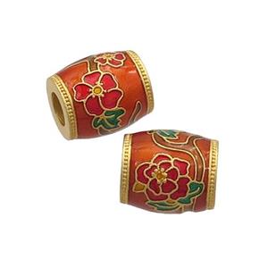 Copper Barrel Beads Red Cloisonne Flower Large Hole 18K Gold Plated, approx 10-11mm, 4mm hole [FD12934]