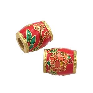Copper Barrel Beads Red Cloisonne Flower Large Hole 18K Gold Plated, approx 10-11mm, 4mm hole [FD12935]