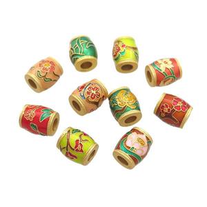 Copper Barrel Beads Cloisonne Flower Large Hole 18K Gold Plated Mixed, approx 10-11mm, 4mm hole [FD12936]