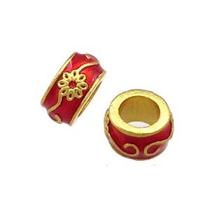 Copper Rondelle Beads Red Cloisonne Large Hole 18K Gold Plated, approx 7.5mm, 4mm hole [FD13292]