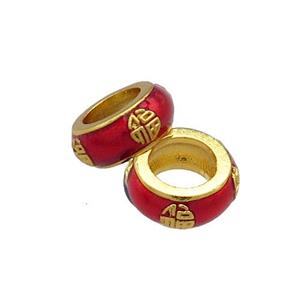 Copper Rondelle Beads Red Cloisonne Large Hole 18K Gold Plated, approx 8mm, 5mm hole [FD13298]
