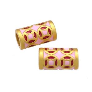 Copper Tube Beads Pink Cloisonne Large Hole 18K Gold Plated, approx 7-11mm, 4mm hole [FD13308]