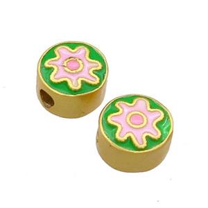 Copper Coin Beads Green Pink Enamel 18K Gold Plated, approx 8mm [FD13342]