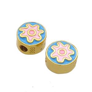 Copper Coin Beads Blue Pink Enamel 18K Gold Plated, approx 8mm [FD13343]