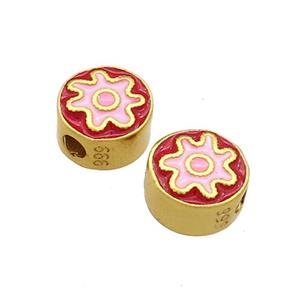 Copper Coin Beads Red Pink Enamel 18K Gold Plated, approx 8mm [FD13344]