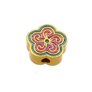 Copper Flower Beads Red Green Cloisonne 18K Gold Plated, approx 11mm [FD13347]