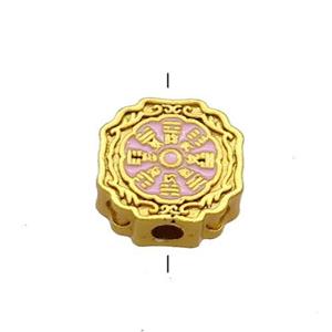 Copper Circle Beads Pink Cloisonne Chinese Eight Diagrams 18K Gold Plated, approx 11mm [FD13369]