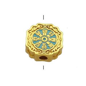 Copper Circle Beads Teal Cloisonne Chinese Eight Diagrams 18K Gold Plated, approx 11mm [FD13371]