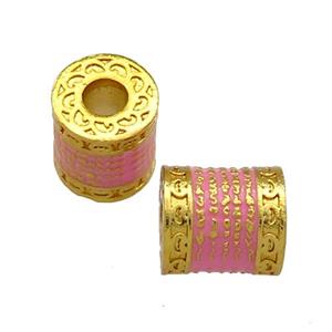 Copper Tube Beads Pink Cloisonne Buddhist Large Hole 18K Gold Plated, approx 10-11mm, 4mm hole [FD13378]