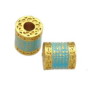 Copper Tube Beads Teal Cloisonne Buddhist Large Hole 18K Gold Plated, approx 10-11mm, 4mm hole [FD13379]