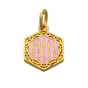 Copper Hexagon Pendant Pink Cloisonne Buddhist 18K Gold Plated, approx 13-14mm [FD13384]