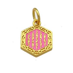 Copper Hexagon Pendant Pink Cloisonne Buddhist 18K Gold Plated, approx 13-14mm [FD13385]