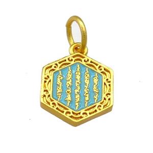 Copper Hexagon Pendant Teal Cloisonne Buddhist 18K Gold Plated, approx 13-14mm [FD13387]