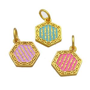 Copper Hexagon Pendant Cloisonne Buddhist 18K Gold Plated Mixed, approx 13-14mm [FD13388]