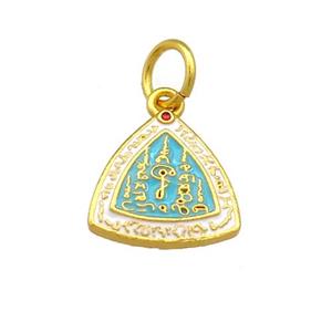 Copper Triangle Pendant Teal Cloisonne Buddhist 18K Gold Plated, approx 14mm [FD13392]