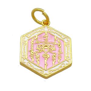 Copper Hexagon Pendant Pink Cloisonne Buddhist 18K Gold Plated, approx 17-19mm [FD13404]