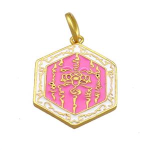 Copper Hexagon Pendant Hotpink Cloisonne Buddhist 18K Gold Plated, approx 17-19mm [FD13405]