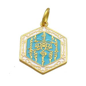 Copper Hexagon Pendant Teal Cloisonne Buddhist 18K Gold Plated, approx 17-19mm [FD13406]