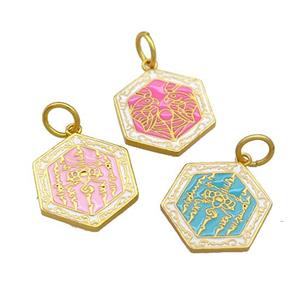 Copper Hexagon Pendant Cloisonne Buddhist 18K Gold Plated Mixed, approx 17-19mm [FD13407]