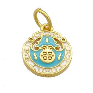 Copper Circle Pendant Teal Cloisonne 18K Gold Plated, approx 14mm [FD13431]