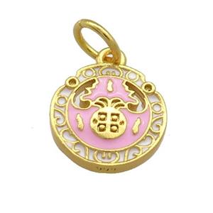 Copper Circle Pendant Pink Cloisonne 18K Gold Plated, approx 14mm [FD13432]