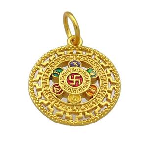 Copper Circle Pendant Multicolor Cloisonne Buddhist 18K Gold Plated, approx 18mm [FD13450]