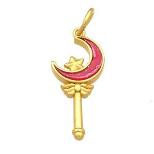 Copper Pendant Star Moon Wand Red Cloisonne 18K Gold Plated, approx 11-15mm [FD13453]