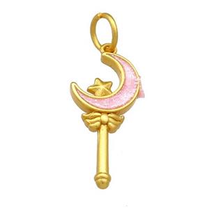 Copper Pendant Star Moon Wand Pink Cloisonne 18K Gold Plated, approx 11-15mm [FD13454]