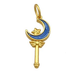 Copper Pendant Star Moon Wand Blue Cloisonne 18K Gold Plated, approx 11-15mm [FD13455]