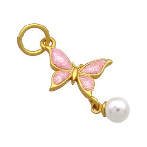 Copper Butterfly Pendant Pave White Pearlized Resin Pink Cloisonne 18K Gold Plated, approx 14mm, 6mm [FD13496]