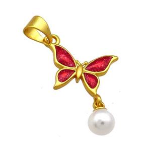 Copper Butterfly Pendant Pave White Pearlized Resin Red Cloisonne 18K Gold Plated, approx 14mm, 6mm [FD13497]