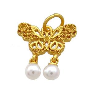 Copper Butterfly Pendant Pave White Pearlized Resin 18K Gold Plated, approx 12-18mm, 5mm [FD13498]
