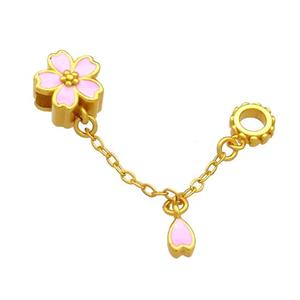 Copper Flower Pendant Pink Cloisonne 18K Gold Plated, approx 11mm, 4mm hole, 4x6mm, 35mm length [FD13507]