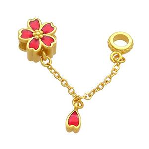 Copper Flower Pendant Red Cloisonne 18K Gold Plated, approx 11mm, 4mm hole, 4x6mm, 35mm length [FD13508]
