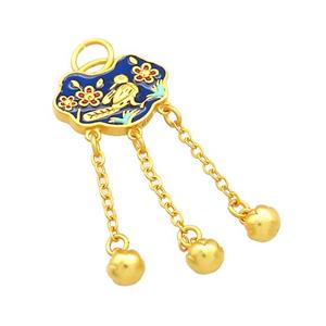 Copper Talisman Pendant Flower Bird Blue Cloisonne 18K Gold Plated, approx 14-18mm, 5mm [FD13517]