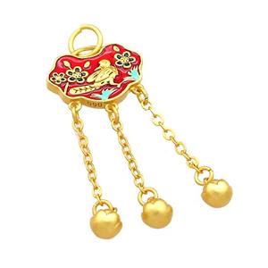 Copper Talisman Pendant Flower Bird Red Cloisonne 18K Gold Plated, approx 14-18mm, 5mm [FD13518]
