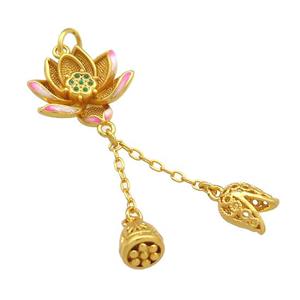 Copper Lotus Flower Pendant Pink Cloisonne Unfade 18K Gold Plated, approx 16-20mm, 7mm [FD13521]