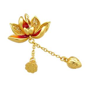 Copper Lotus Flower Pendant Red Cloisonne Unfade 18K Gold Plated, approx 16-25mm, 7mm [FD13522]