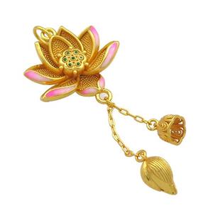 Copper Lotus Flower Pendant Pink Cloisonne Unfade 18K Gold Plated, approx 22-27mm, 8-11mm [FD13524]