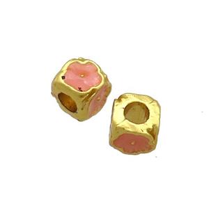 Copper Cube Beads Pink Enamel Large Hole Gold Plated, approx 5.5mm, 3mm hole [FD13546]