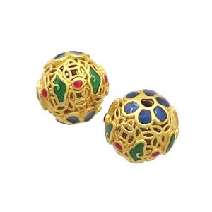 Copper Round Beads Painted Hollow Gold Plated, approx 10mm [FD13558]